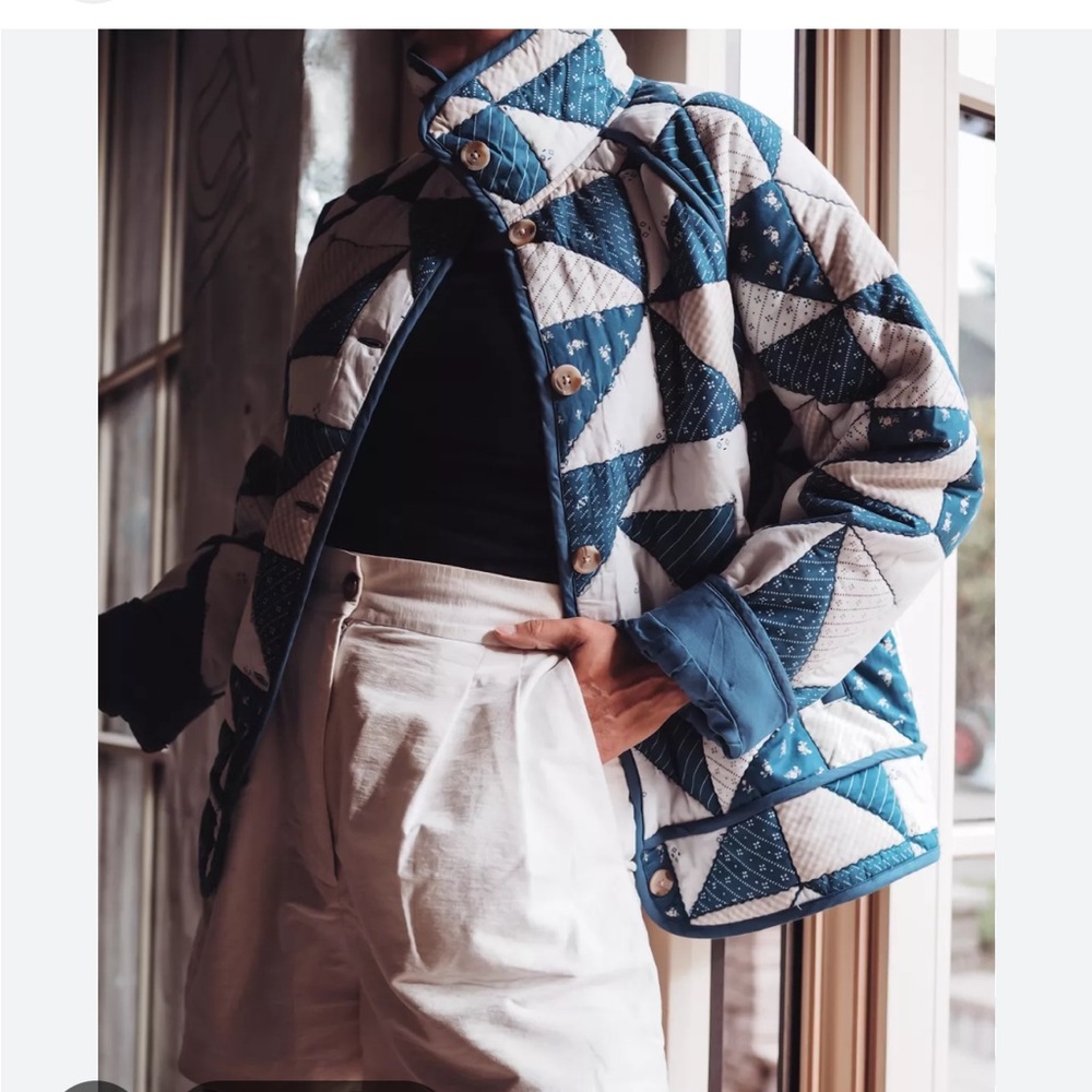NEW Sezane Léopold jacket Blue and White Quilted Coat Jacket Sz 42